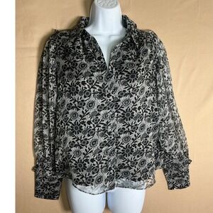 Truth by Republic Womens Small Black White Floral Chiffon Blouse Ruffle Cuff Top